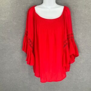 Cato Women's Red Smocked Off Shoulder Crochet‎ Bell Sleeve Blouse Top XL Boho